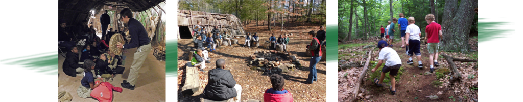 Three photos depicting parts of education programs including activities indoors and outdoors.