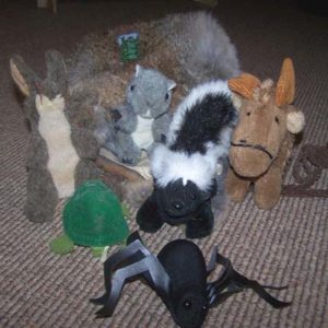 A grouping of stuffed finger puppets in the shape of woodland animals.