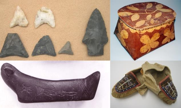Image of arrowheads, basket, shoes and birdstone