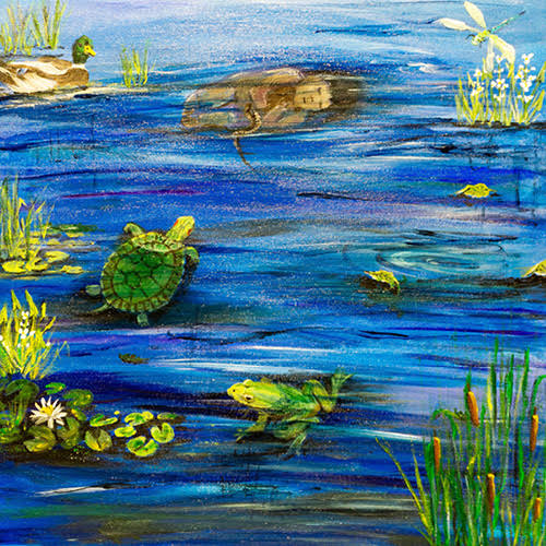 image of art from exhibit, water with wildlife and human figure